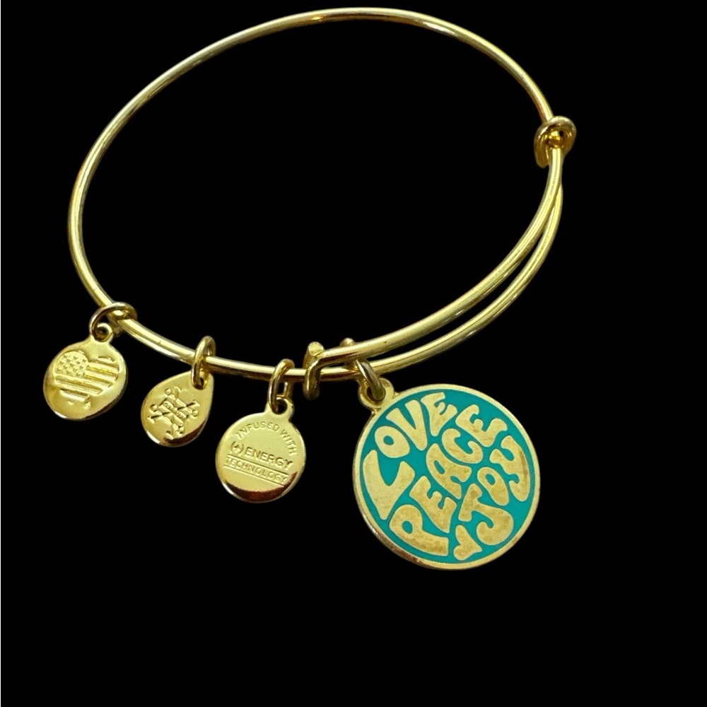 Alex and Ani Gold Bangle Bracelet with Charm that reads Love Peace Joy